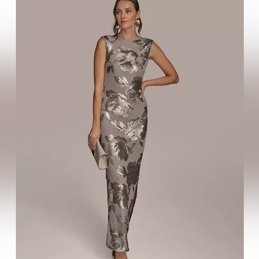 Donna Karan Cowl Back Sequinned stretch Mesh Gown,Beige/darkClay,Sz 6,new/no tag